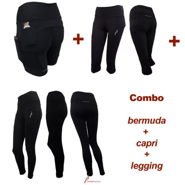 Combo bermuda + capri + legging feminina preta